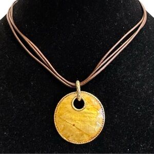Vintage Monet Leather Cord Gold Tone Mother of Pearl Mosaic Pendant Necklace